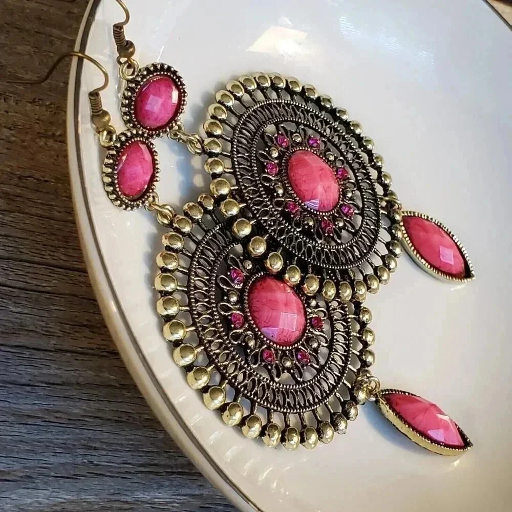 Vintage Neo Victorian Glam Long Faux Stone Dangle Earrings